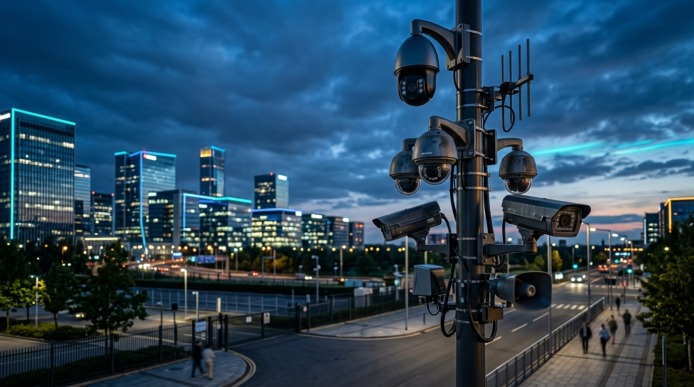 Advanced multi-sensor CCTV surveillance pole overlooking modern corporate smart city at dusk