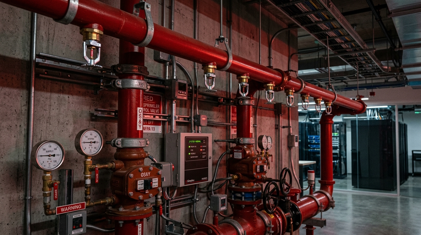Industrial automated fire sprinkler system with brass sprinkler heads, red pipelines and pressure gauges